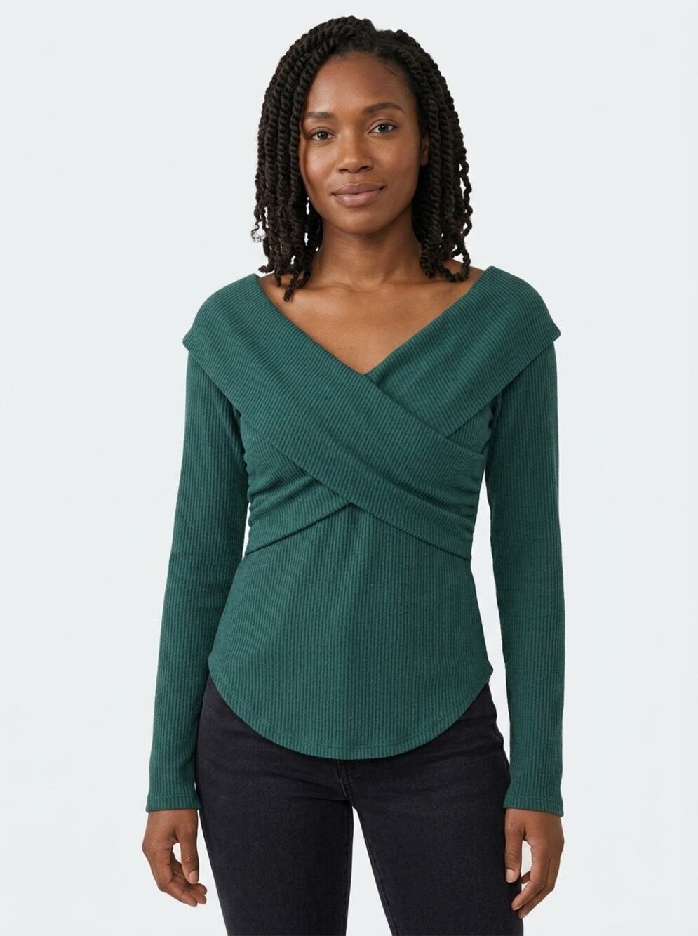 NWT Free People Metal Green Wrap V-Neck Ribbed Knit Top Women Size S
